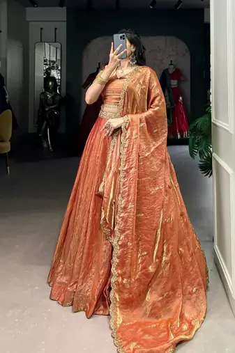 Luxurious Gold Silk Lehenga with Embroidered Dupatta