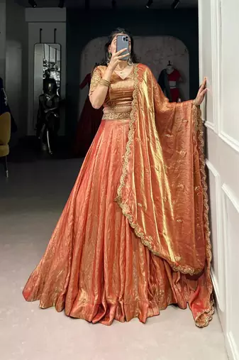 rust orange Lehenga with Embroidered Dupatta