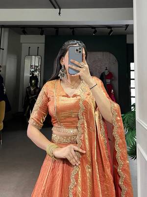 rust orange Lehenga with Embroidered Dupatta 3