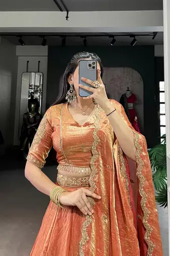 rust orange Lehenga with Embroidered Dupatta