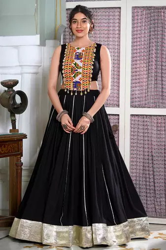 Elegant Black Rayon and plain with gamthi work and gota patti lace border black color lehenga choli