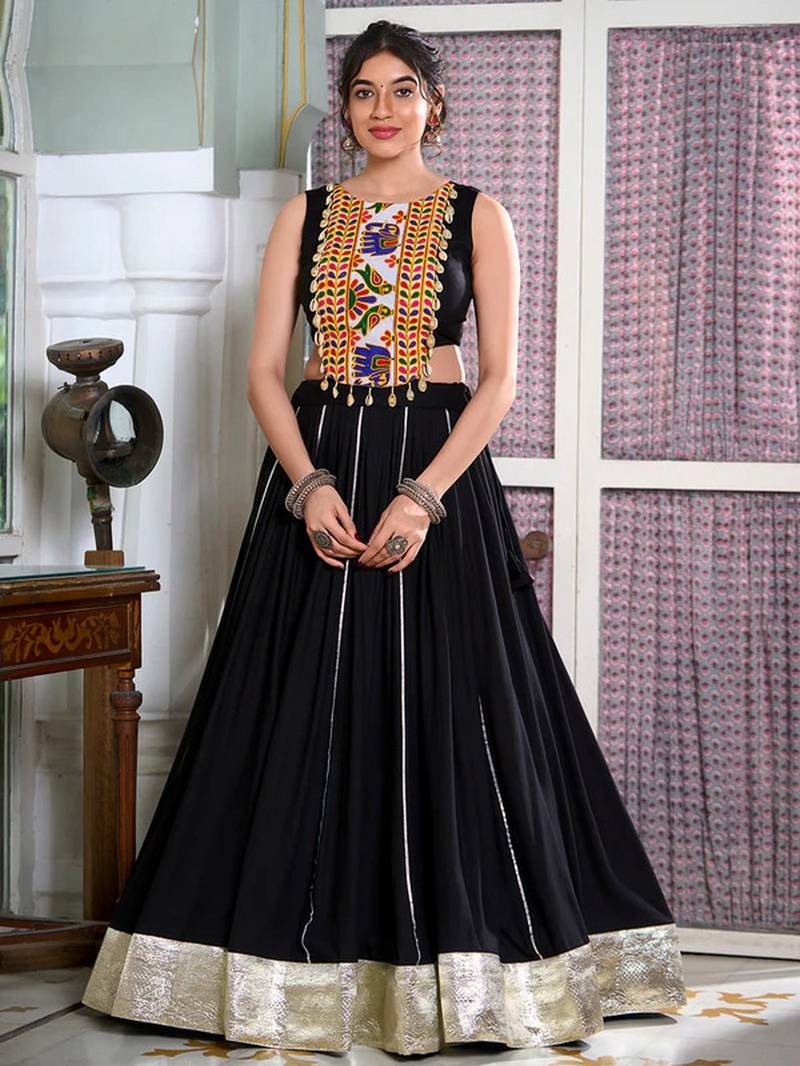 Elegant Black Rayon and plain with gamthi work and gota patti lace border black color lehenga choli