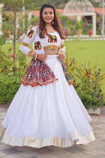White Navratri Gamthi work Cotton kediya with lehenga