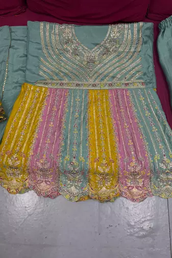 Green Embroidered Chinon Stitched Anarkali Salwar Suit With Stitched Bottom