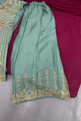 Green Embroidered Chinon Stitched Anarkali Salwar Suit With Stitched Bottom