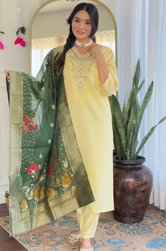 Yellow viscose chanderi heavy thread embroidery work with jacquard printed dupatta kurta pant set