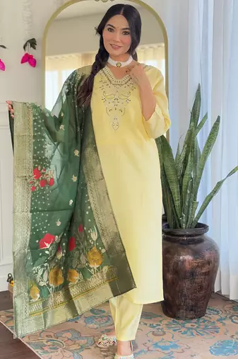 Yellow viscose chanderi heavy thread embroidery work with jacquard printed dupatta kurta pant set