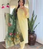 Yellow viscose chanderi heavy thread embroidery work with jacquard printed dupatta kurta pant set