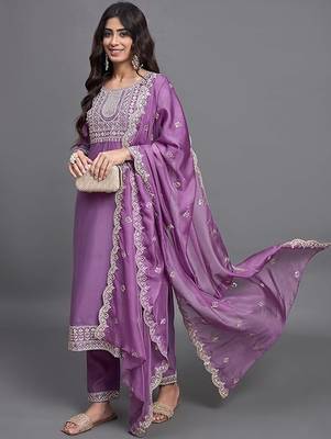Purple chinon viscose heavy thread embroidery with sequins work kurta pant set 1