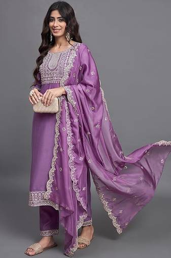 Purple chinon viscose heavy thread embroidery with sequins work kurta pant set