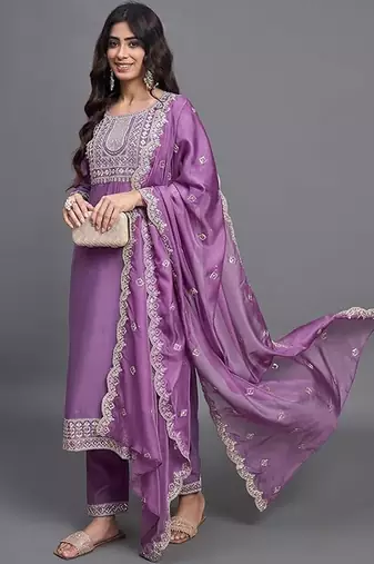Purple chinon viscose heavy thread embroidery with sequins work kurta pant set