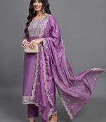 Purple chinon viscose heavy thread embroidery with sequins work kurta pant set