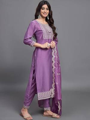 Purple chinon viscose heavy thread embroidery with sequins work kurta pant set 2