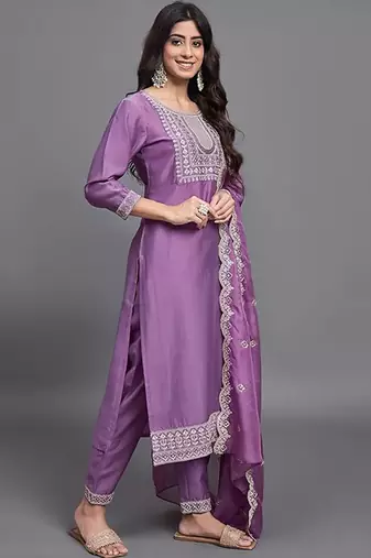 Purple chinon viscose heavy thread embroidery with sequins work kurta pant set