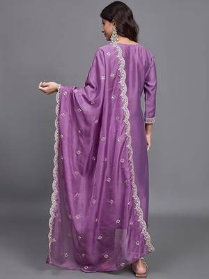 Purple chinon viscose heavy thread embroidery with sequins work kurta pant set 3