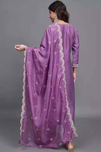 Purple chinon viscose heavy thread embroidery with sequins work kurta pant set