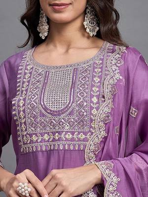 Purple chinon viscose heavy thread embroidery with sequins work kurta pant set 4