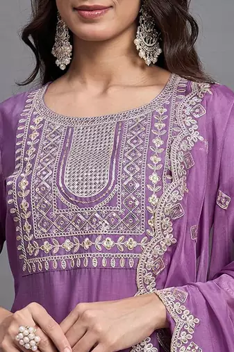 Purple chinon viscose heavy thread embroidery with sequins work kurta pant set