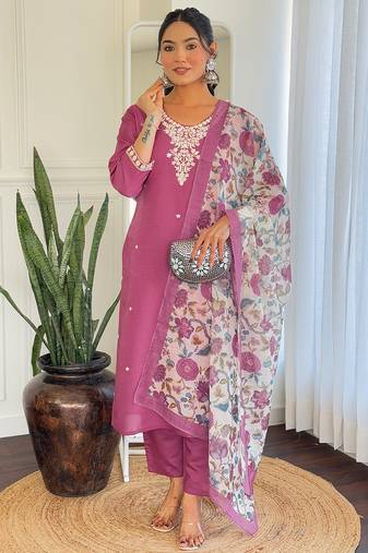 Dark pink viscose chanderi heavy thread embroidery work with printed dupatta kurta pant set