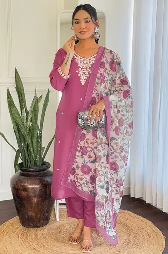 Dark pink viscose chanderi heavy thread embroidery work with printed dupatta kurta pant set
