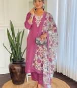 Dark pink viscose chanderi heavy thread embroidery work with printed dupatta kurta pant set