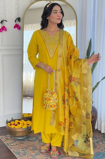 Mustard rayon heavy thread embroidery work with printed dupatta kurta pant set