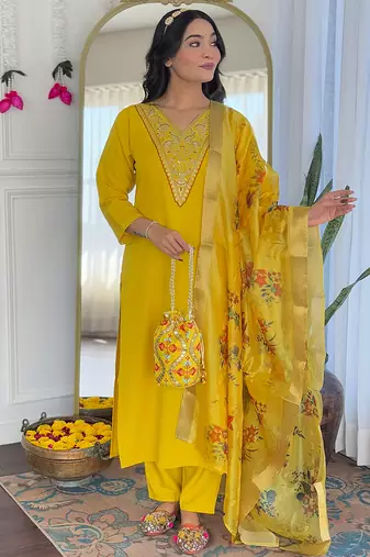 Mustard rayon heavy thread embroidery work with printed dupatta kurta pant set