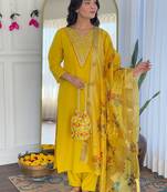 Mustard rayon heavy thread embroidery work with printed dupatta kurta pant set