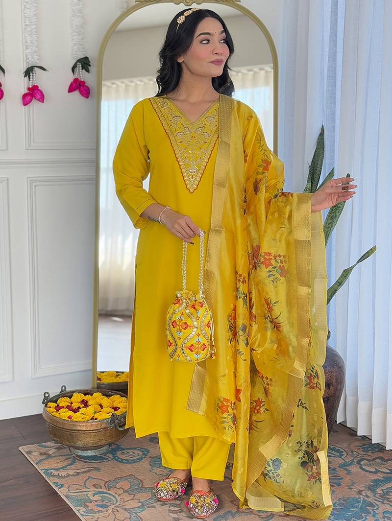 Mustard rayon heavy thread embroidery work with printed dupatta kurta pant set