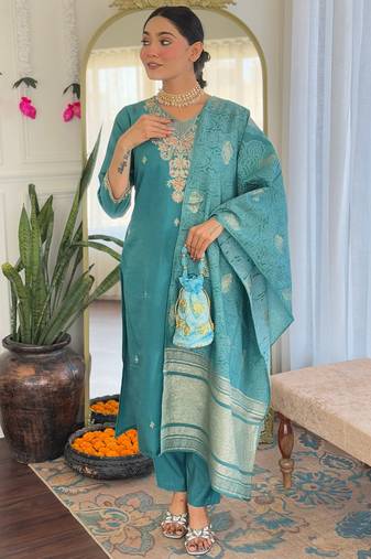 Teal viscose chanderi heavy thread embroidery work with printed dupatta kurta pant set