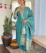 Teal viscose chanderi heavy thread embroidery work with printed dupatta kurta pant set