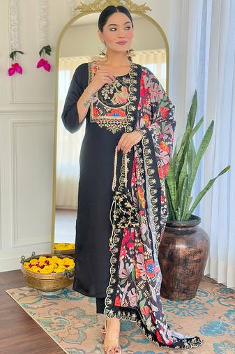 Black viscose chanderi heavy thread embroidery work with printed dupatta kurta pant set