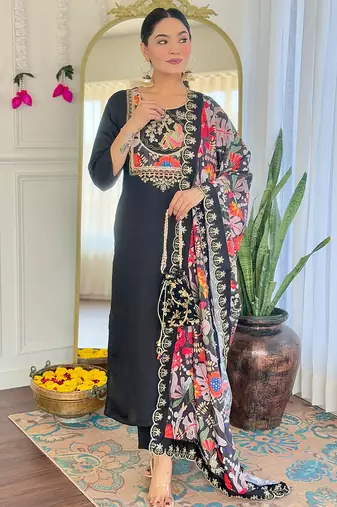 Black viscose chanderi heavy thread embroidery work with printed dupatta kurta pant set
