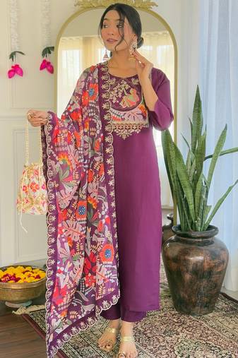 Wine viscose chanderi heavy thread embroidery work with printed dupatta kurta pant set
