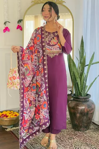 Wine viscose chanderi heavy thread embroidery work with printed dupatta kurta pant set