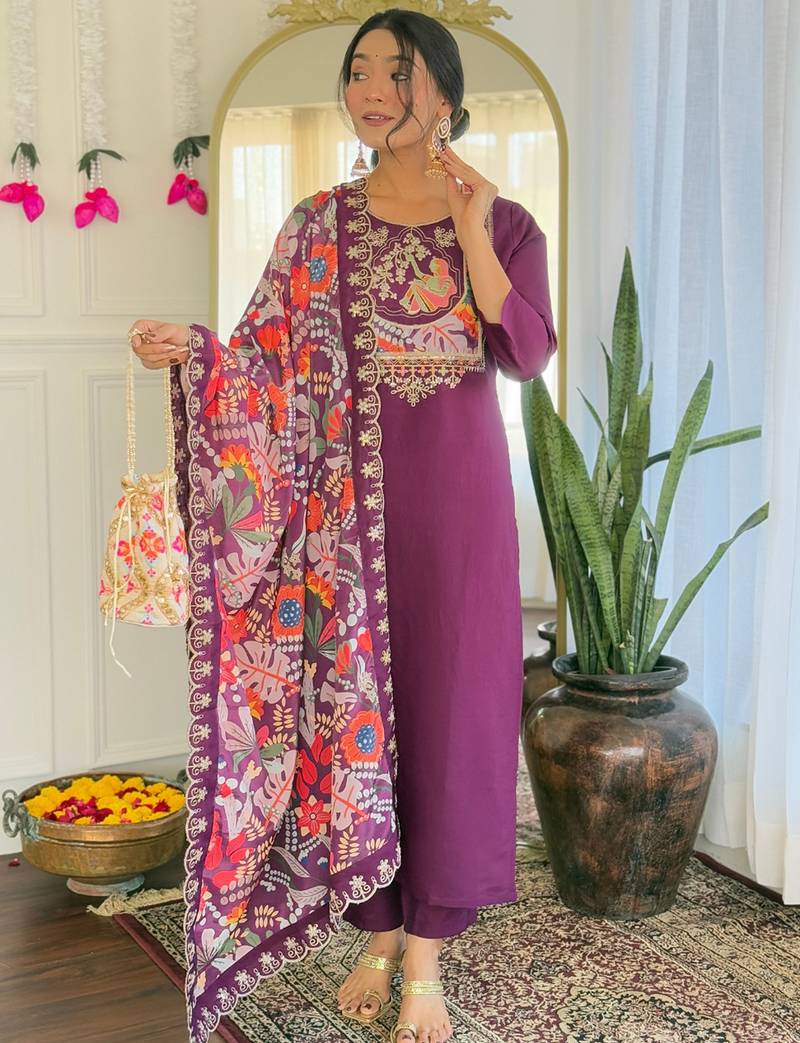 Wine viscose chanderi heavy thread embroidery work with printed dupatta kurta pant set
