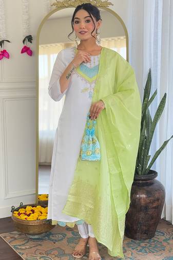 White viscose chanderi heavy thread embroidery with sequins work kurta pant set