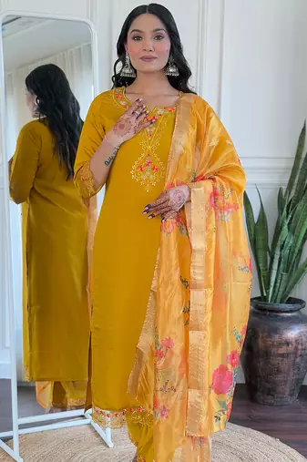 Mustard viscose chanderi heavy thread embroidery with sequins work kurta pant set