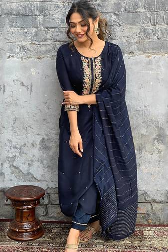Navy blue viscose chanderi heavy thread embroidery with sequins work kurta pant set