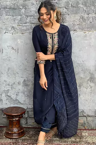 Navy blue viscose chanderi heavy thread embroidery with sequins work kurta pant set