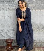 Navy blue viscose chanderi heavy thread embroidery with sequins work kurta pant set