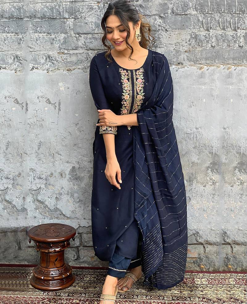 Navy blue viscose chanderi heavy thread embroidery with sequins work kurta pant set