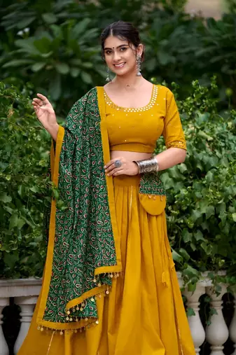 Vibrant Mustard Yellow Lehenga Choli with Green Printed Dupatta