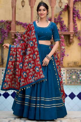 Elegant Teal Blue Lehenga Choli with dark Red Printed Dupatta