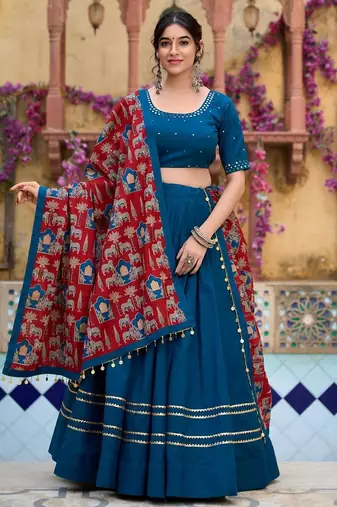 Elegant Teal Blue Lehenga Choli with dark Red Printed Dupatta