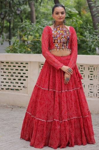 Vibrant Bandhej Printed Red Lehenga with Embroidered Blouse