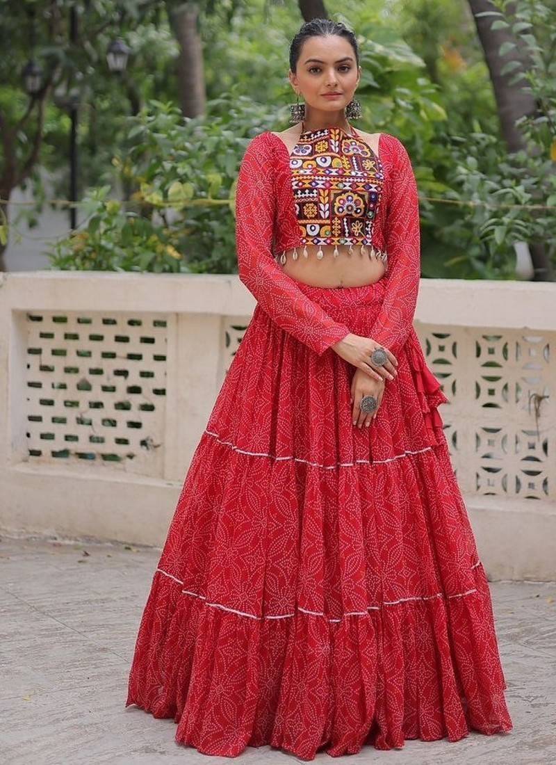 Vibrant Bandhej Printed Red Lehenga with Embroidered Blouse