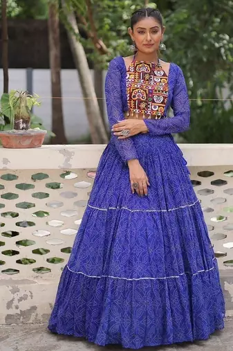 Vibrant Bandhej Printed Royal Blue Lehenga with Embroidered Blouse