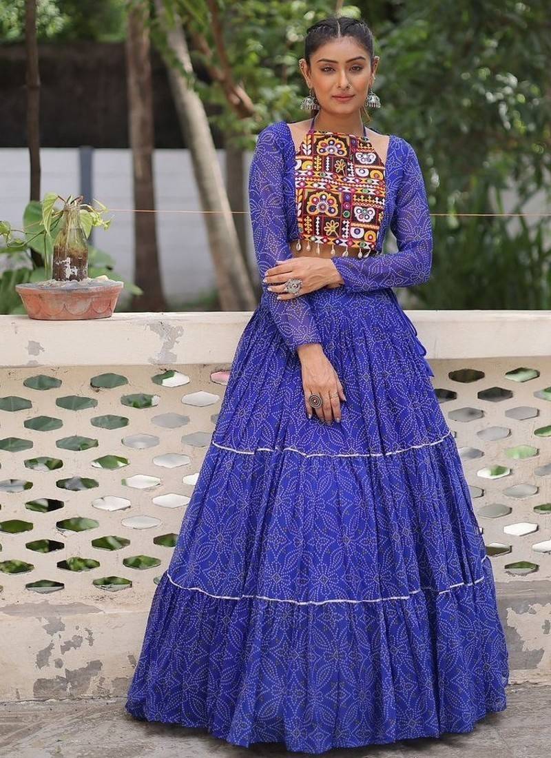 Vibrant Bandhej Printed Royal Blue Lehenga with Embroidered Blouse
