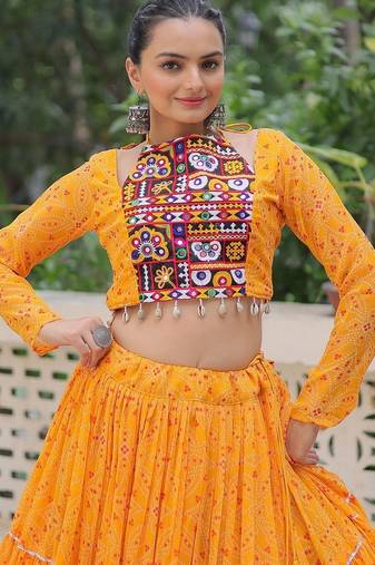 Vibrant Bandhej Printed Yellow Lehenga with Embroidered Blouse